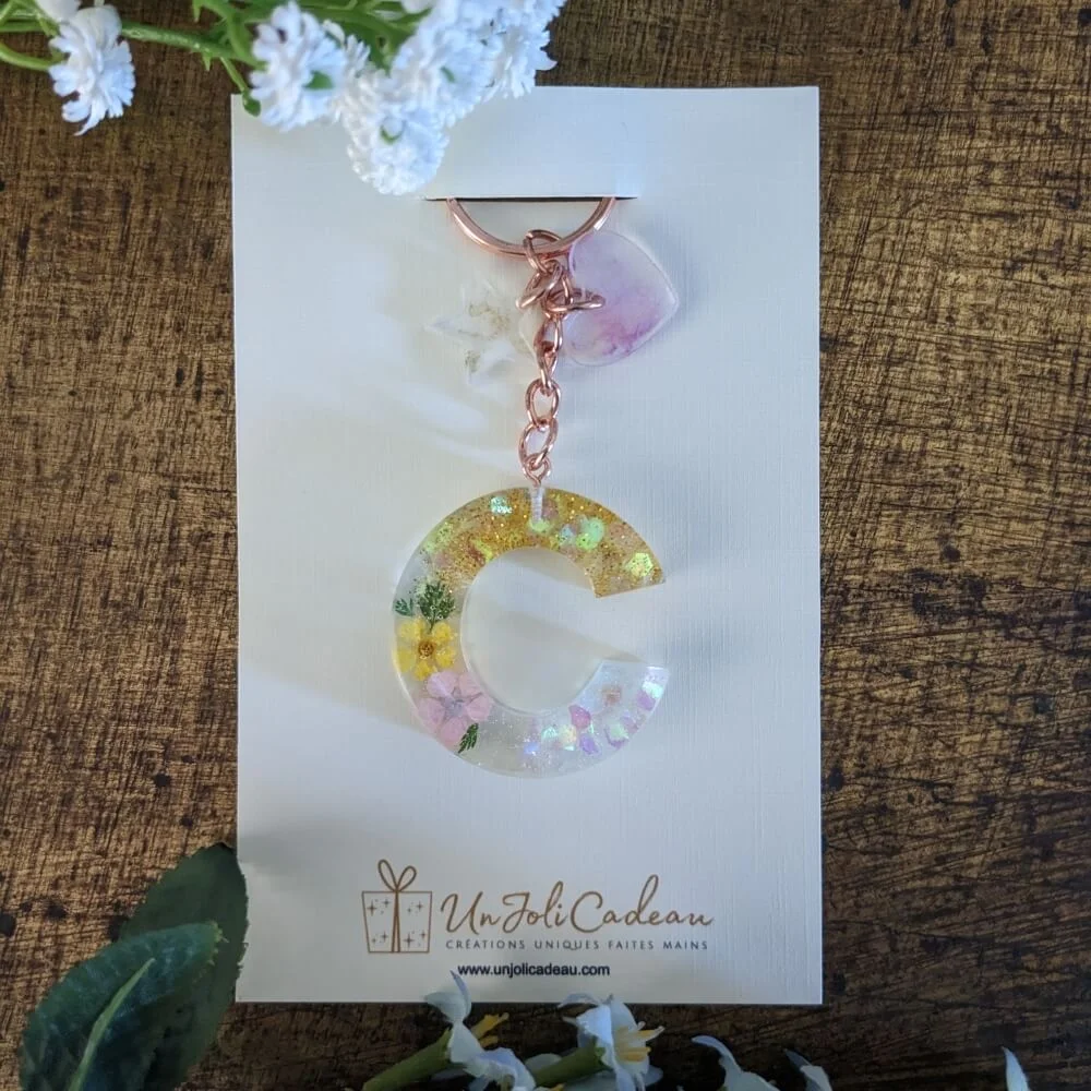Porte-clés Lettre C Fleur et Paillettes